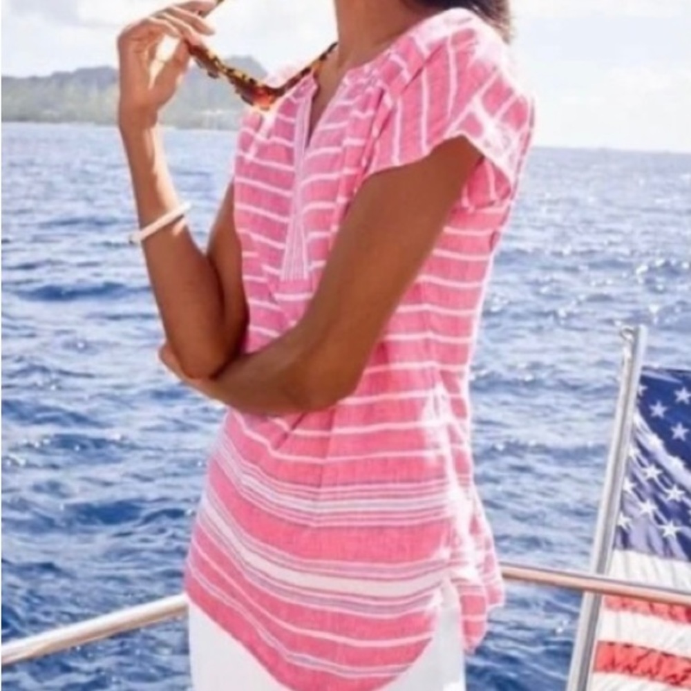 Talbots Linen Popover Top Pink Stripe Short Sleeve V Neck; Size: Medium